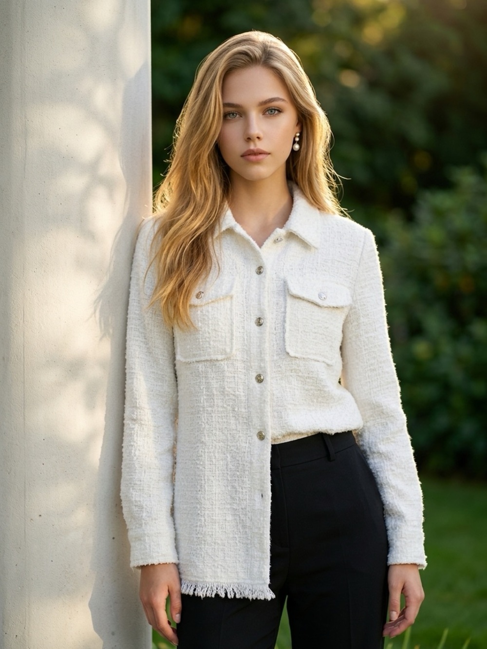 7 For All Mankind White Bouclé Button-Front Jacket